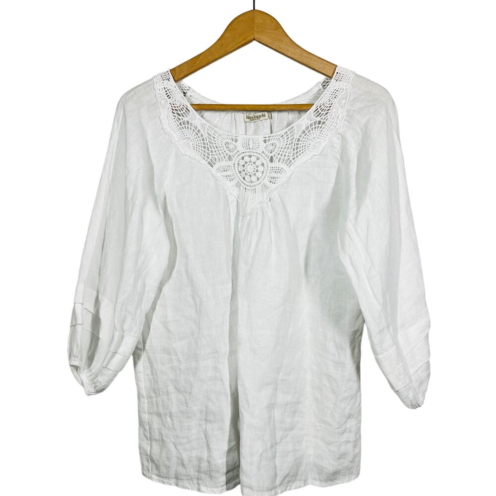 Laura Bianchi Crochet NEck Tunic Puff Sleeve Loose Fit Floral Casual - L